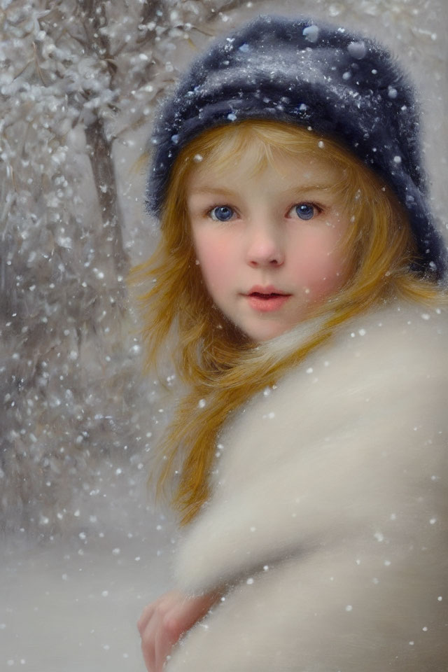 Blonde Child in Blue Hat and White Coat in Snowfall