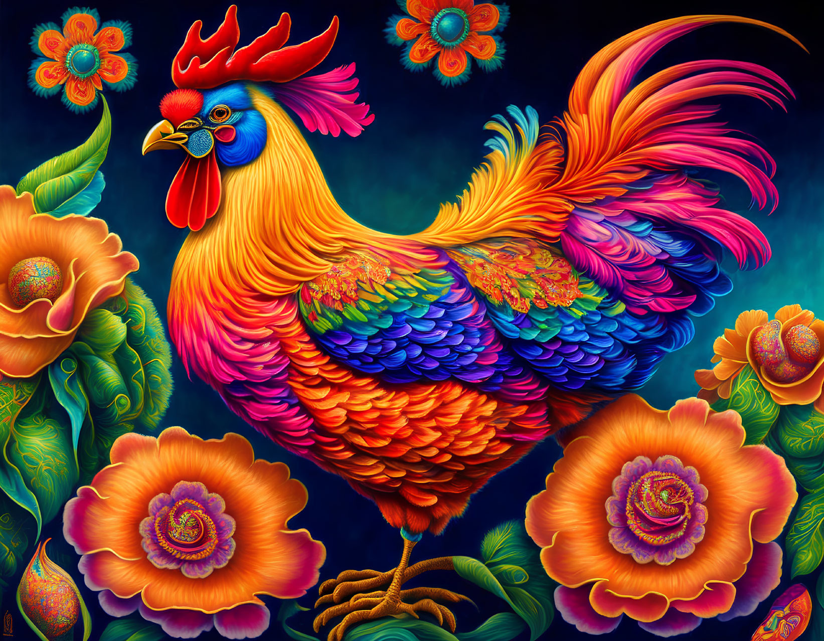 Colorful Rooster Artwork with Orange Flowers on Blue Background