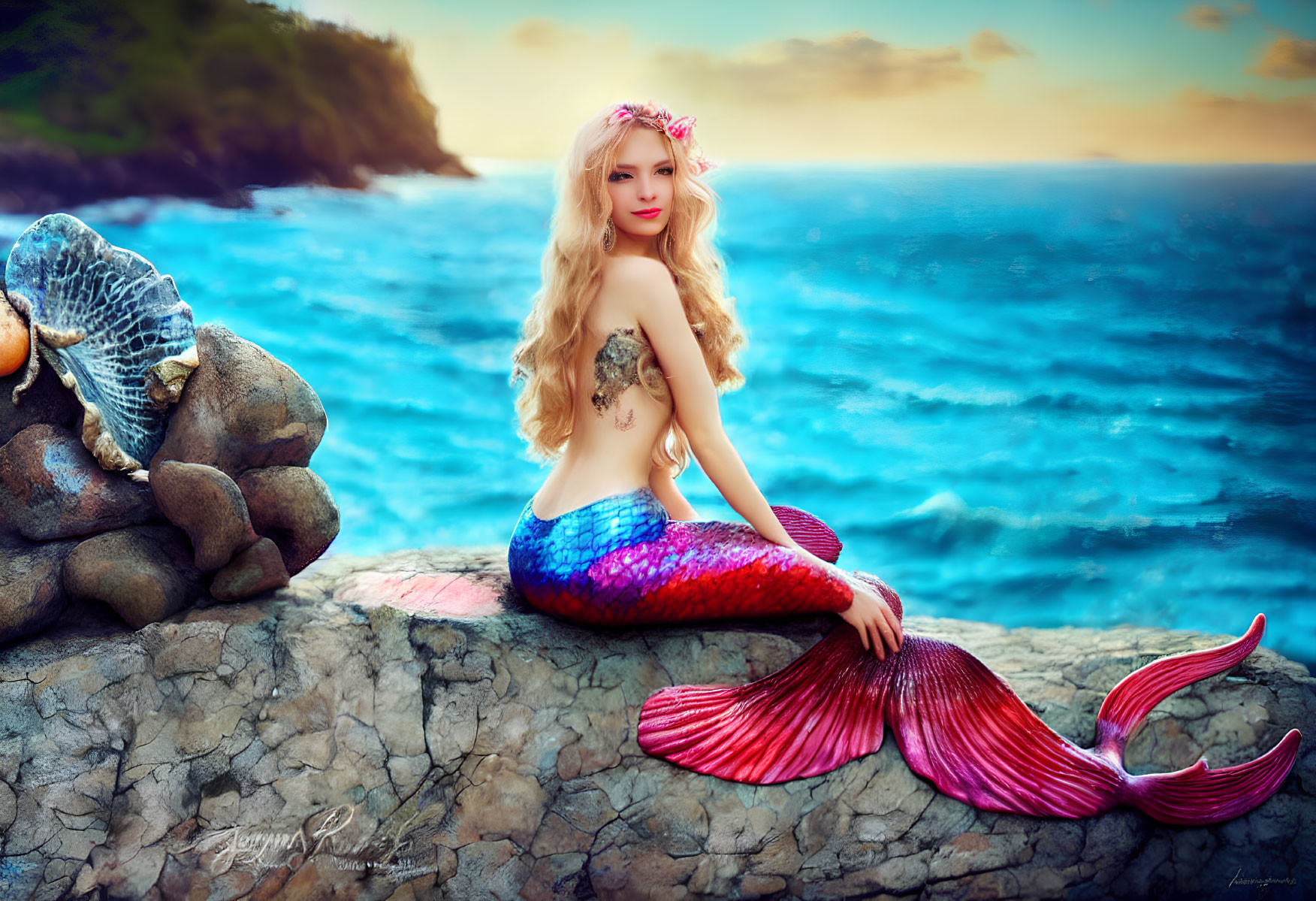 Mermaid with Pink and Blue Tail on Rock by Sea at Sunset