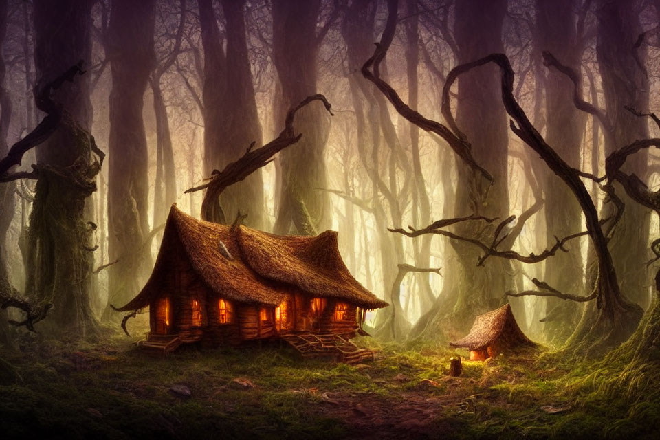 Mystical forest cottage with twisted trees and glowing windows