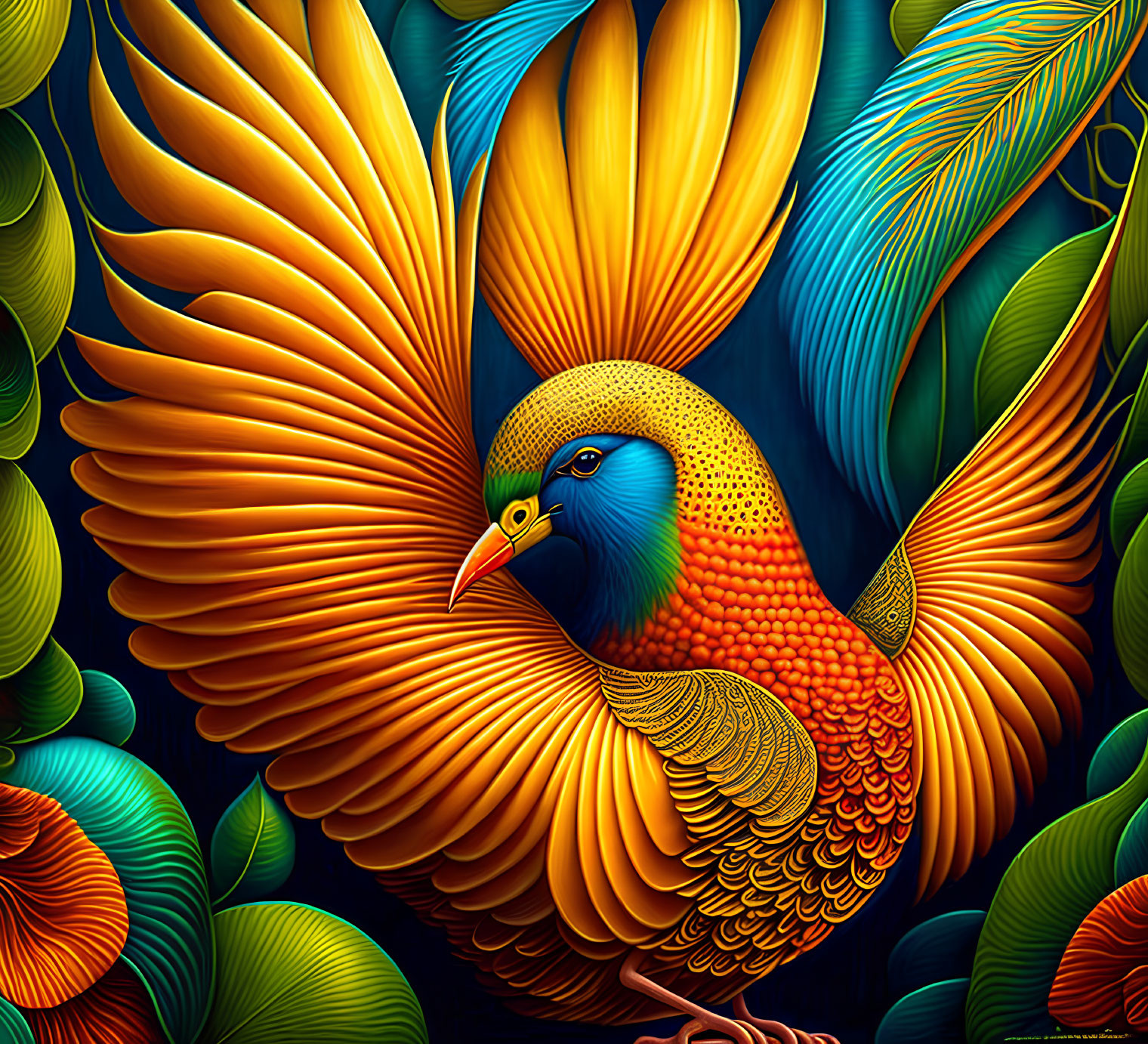 Vibrant digital artwork featuring bird with colorful wings