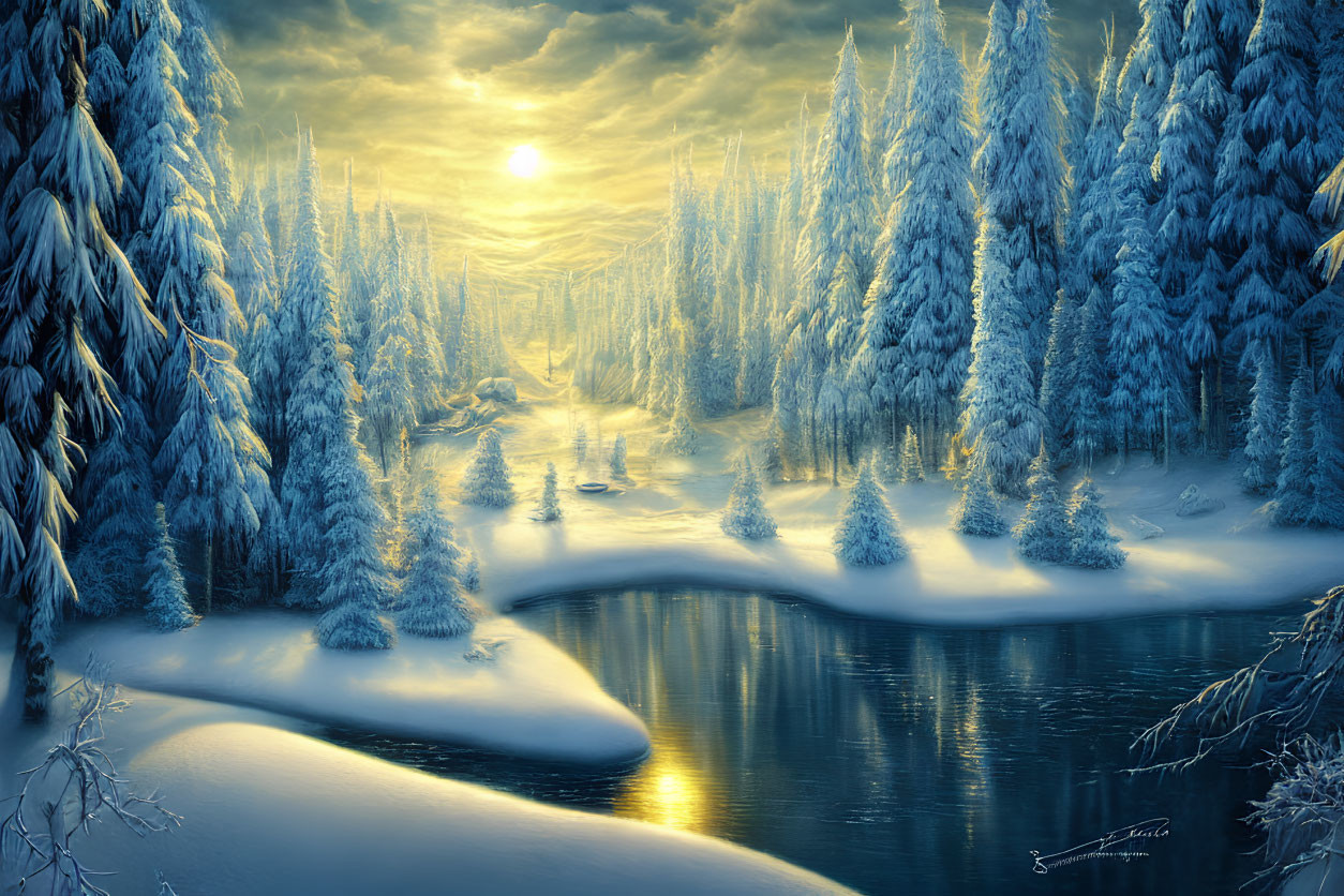 Snow-covered forest and river under golden sunrise
