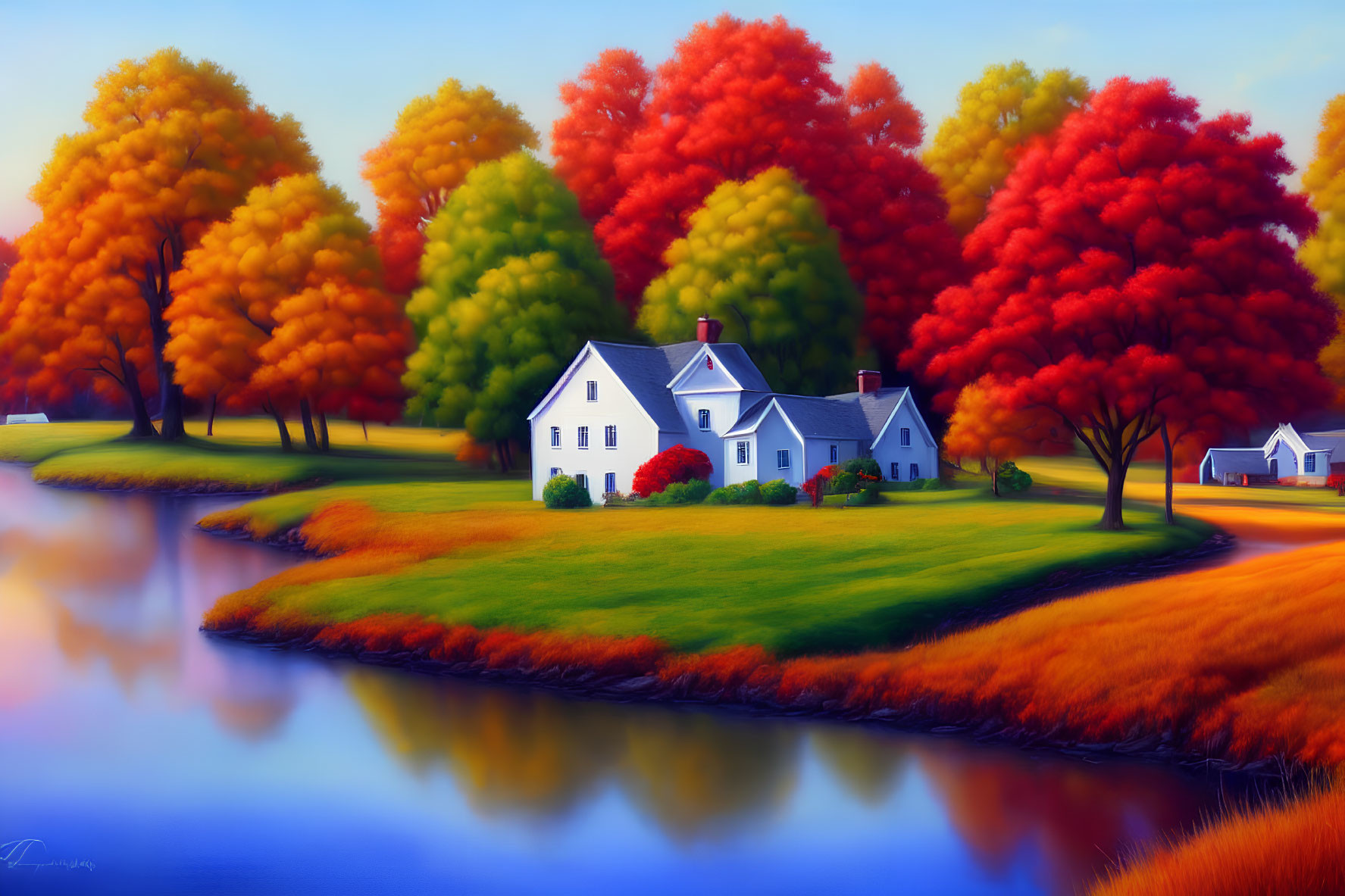 Colorful Autumn Landscape: White House, Calm Lake, Bright Blue Sky