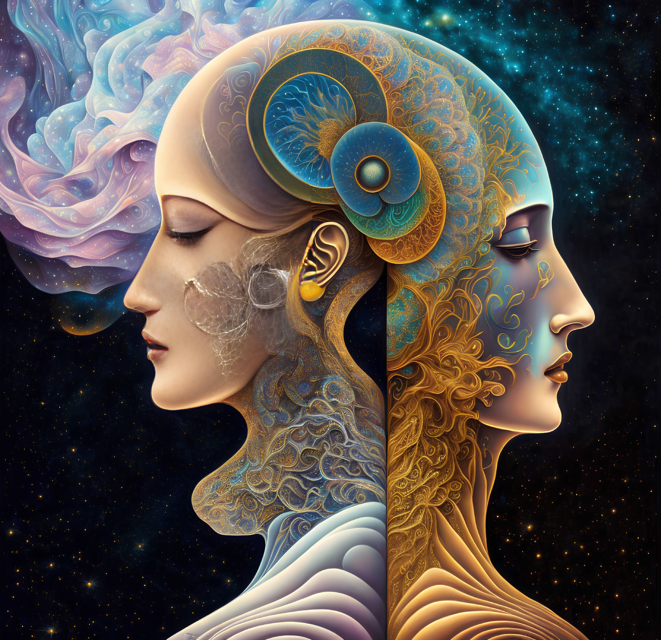 Surreal digital artwork featuring cosmic and golden patterned faces