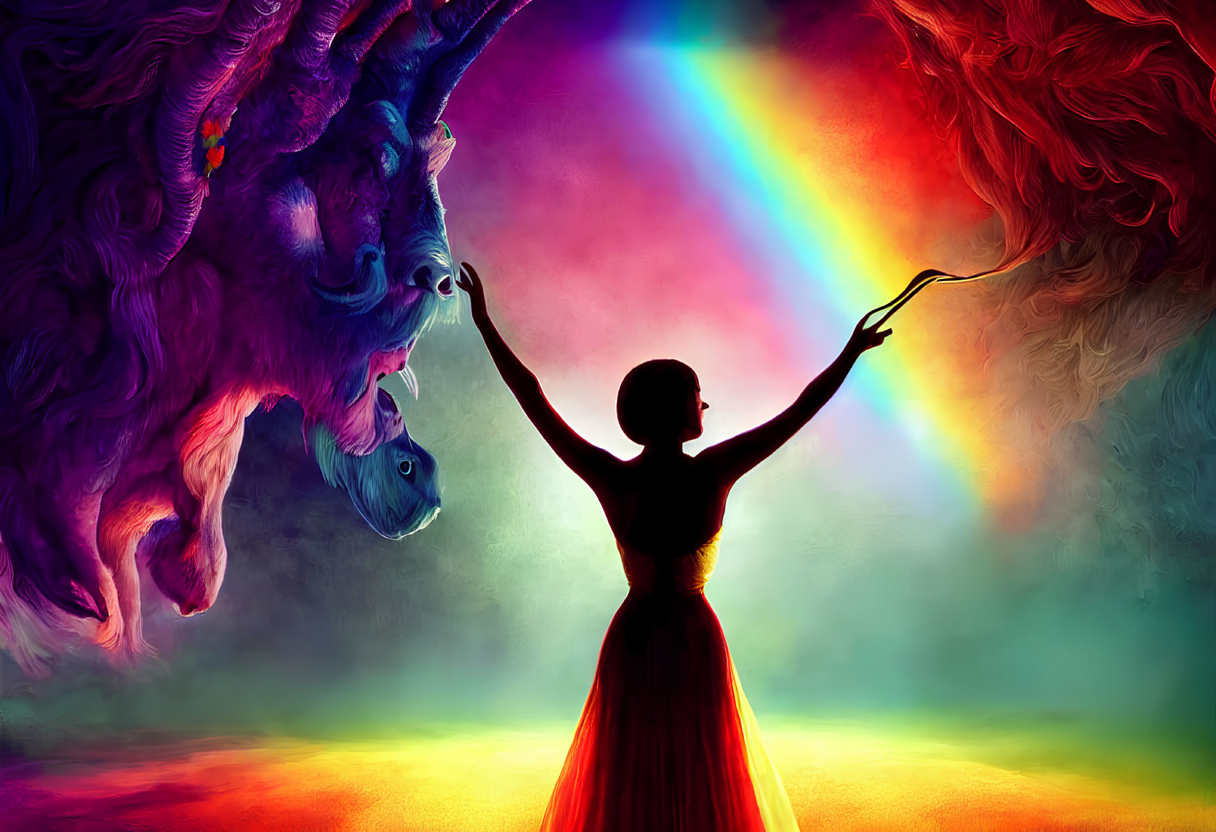 Woman with outstretched arms between lion and wolf under rainbow on vibrant background