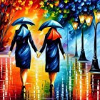 Vibrant street scene: Couple walking under umbrellas