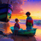 Children standing by small boat on beach at vibrant sunset with ship and waves in distance
