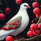 Detailed illustration of white bird with red and green wings on branch with red berries.