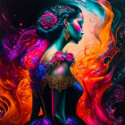 Colorful digital artwork: Woman profile with flowing fiery colors
