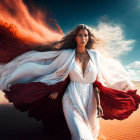 Woman in white dress with red accents in desert under striking red-clouded sky