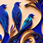 Stylized birds with blue feather patterns on golden-brown background