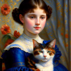 Portrait-style painting: Young girl in blue dress with multicolored cat, orange flowers, and draped