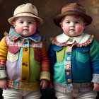 Colorful Patchwork Jackets and Hats on Serious Toddlers Against Dark Background