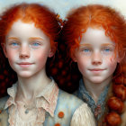 Two girls with red curly hair and blue eyes in vintage clothing.