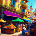 Vibrant Traditional Market with Colorful Canopies and Fruit Stalls