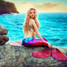 Mermaid with Pink and Blue Tail on Rock by Sea at Sunset