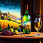 Colorful still-life painting of wine bottle, glasses, grapes on wooden table, Tuscan landscape.