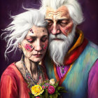 Elderly couple with white hair embracing, woman holding flowers.
