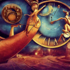 Surreal steampunk digital artwork of woman with clockwork elements