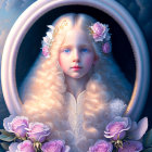 Digital Portrait: Young Girl with Blonde Hair and Pink Roses in Oval Frame