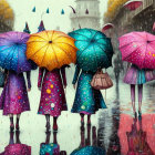 Colorful umbrellas walking on wet street in heavy rain