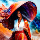 Woman in Vibrant Red & White Outfit with Swirling Cloak in Dynamic Setting