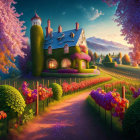 Colorful Vineyard Illustration with Castle and Moonrise at Sunset