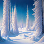 Snow-covered forest with tall trees under clear blue sky