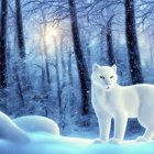 Majestic white cat in snowy forest with sunlight filtering