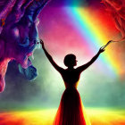 Woman with outstretched arms between lion and wolf under rainbow on vibrant background