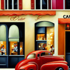 Vibrant street scene with red car outside cafe and people inside.