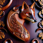 Detailed Wooden Fox Head Sculpture with Floral Motifs on Dark Background