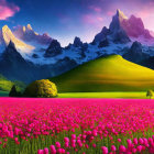 Scenic wildflower field with pink blooms, lush green hills, and jagged mountain peaks against a