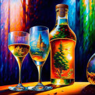 Colorful still-life painting of wine glasses, bottle, and carafe against forest backdrop
