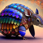 Colorful mosaic armadillo art with blue, purple, and gold hues on warm background