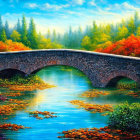 Colorful autumnal landscape painting with stone bridge and river
