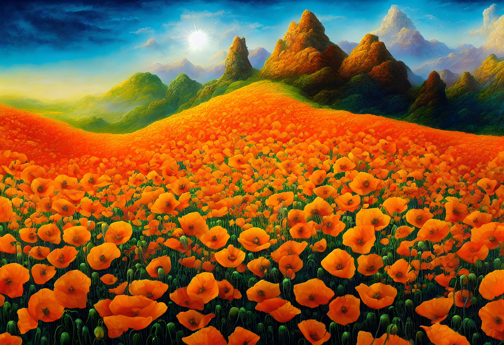 Lush Orange Poppy Field with Rolling Hills and Sunny Sky
