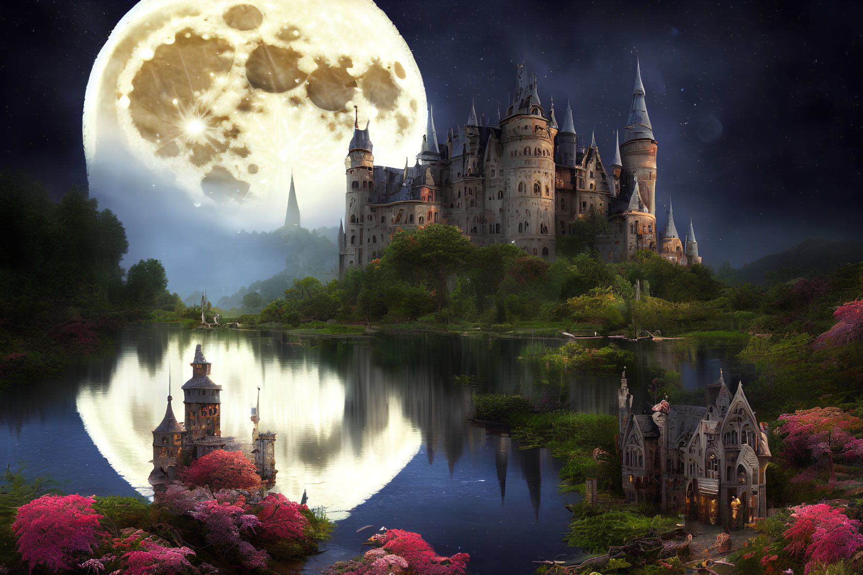 Fantasy castle by tranquil lake under starry sky with detailed moon and lush flora.