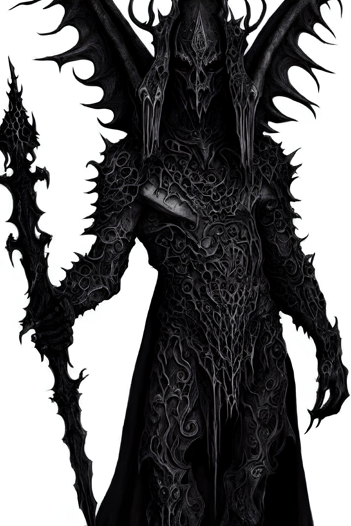 Sinister fantasy figure in dark armor with spiked shoulders and barbed staff
