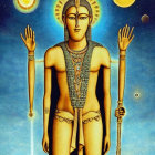 Golden four-armed humanoid with cosmic background and halo aura