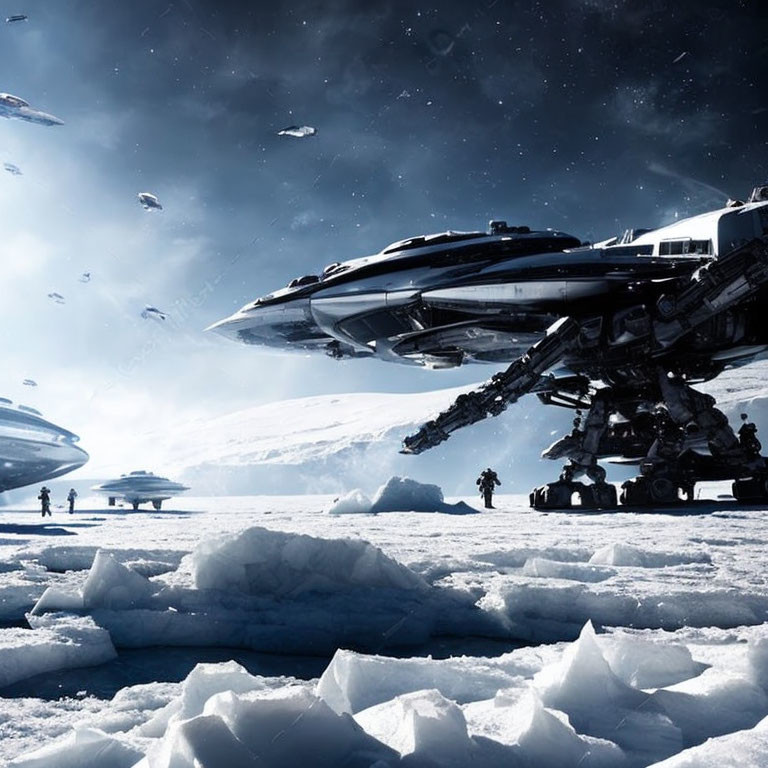 Futuristic scene with advanced spaceships on icy landscape