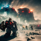 Astronauts, Robot, Spaceship, Snowy Planet, Mountains, Glowing Sky