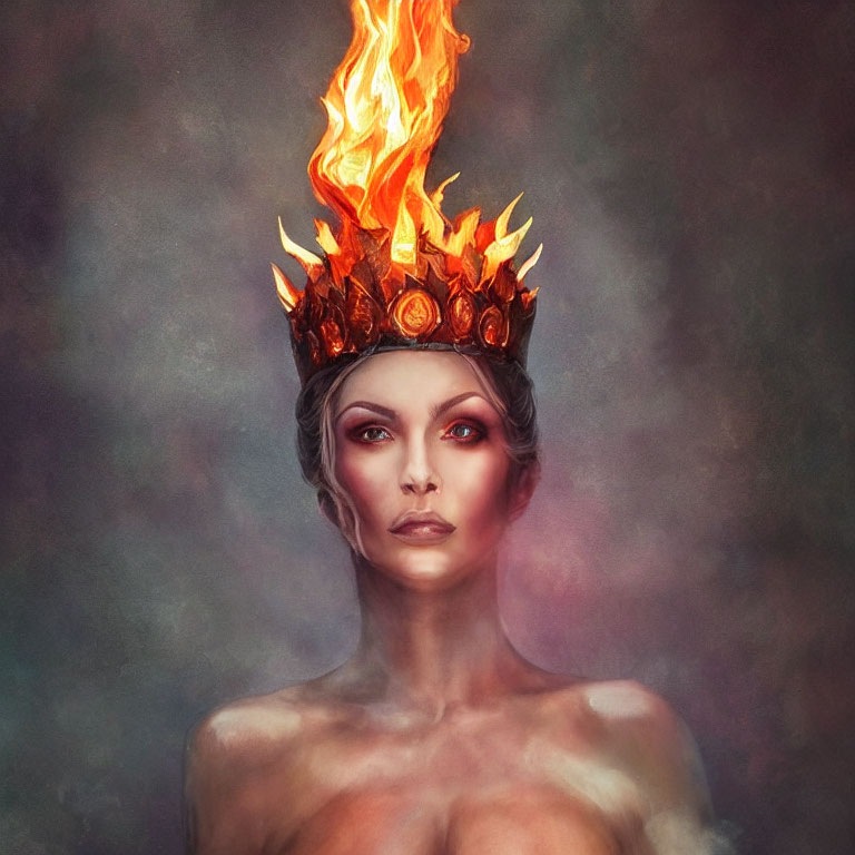 Regal figure with fiery crown in mystical backdrop