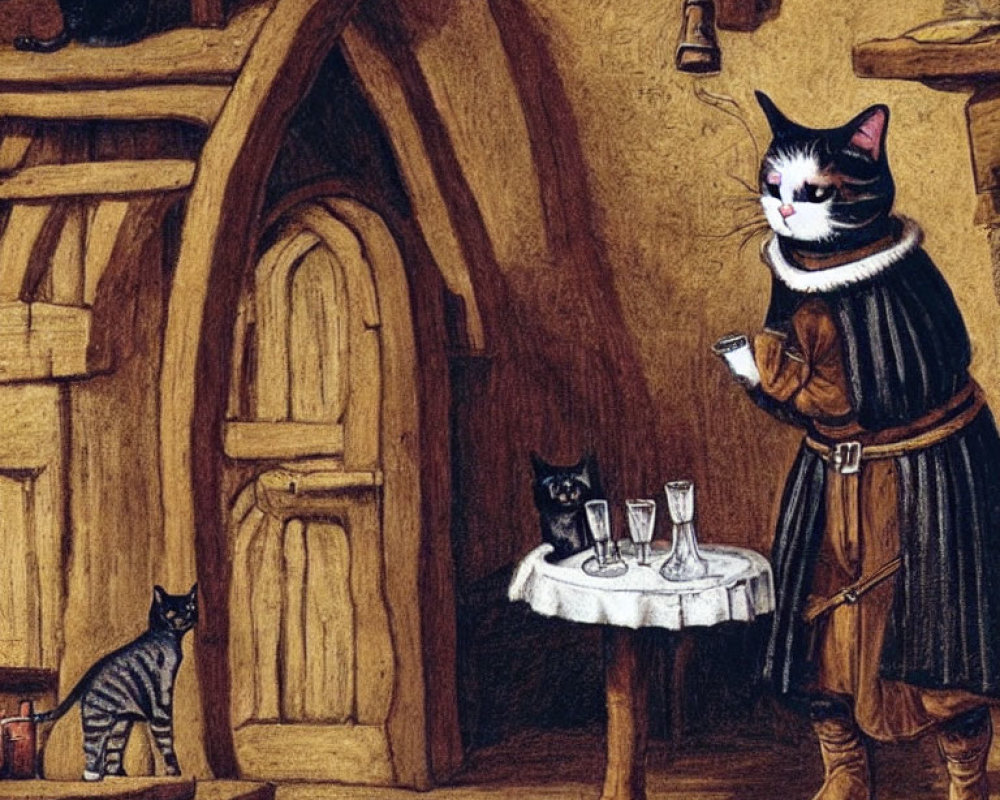 Anthropomorphic cats in medieval attire in cozy wooden interior