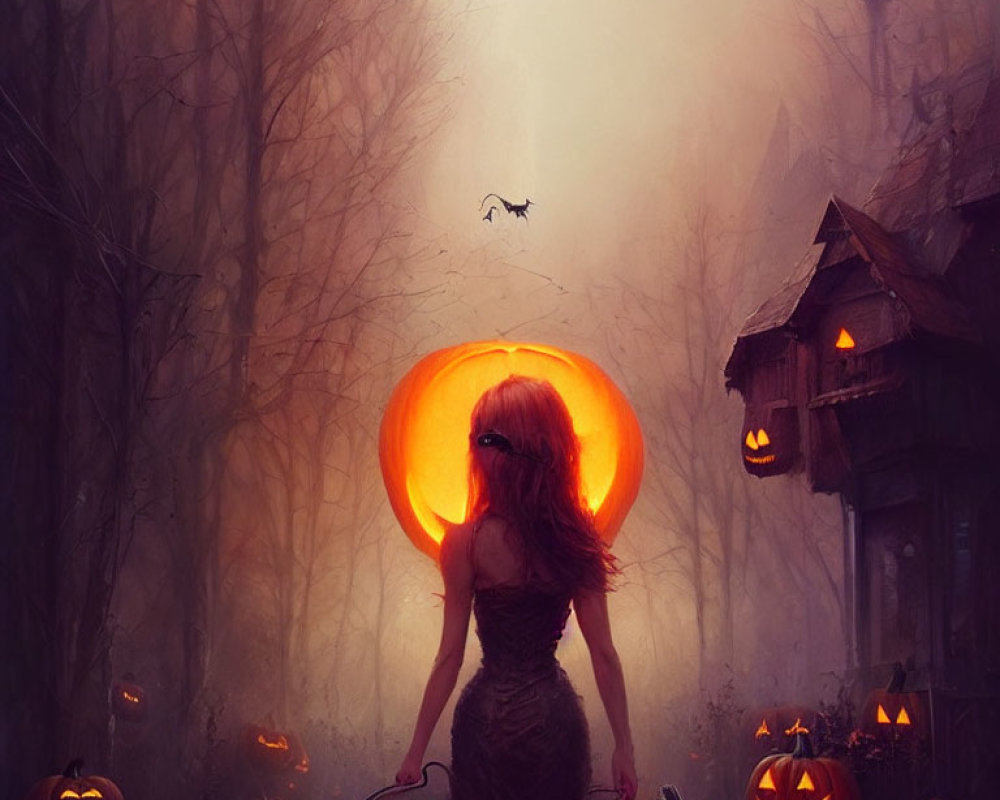 Pumpkin-headed woman on misty path with jack-o'-lanterns & spooky house