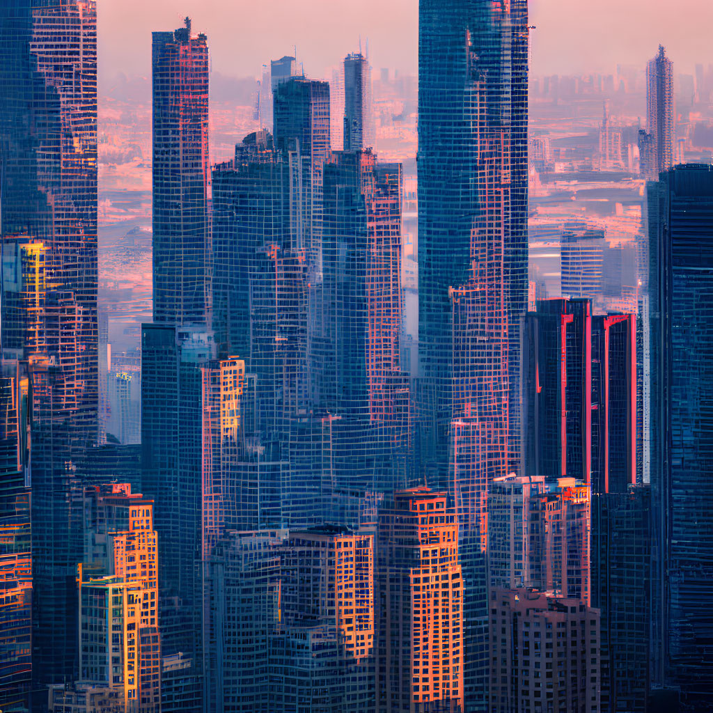 Towering Skyscrapers in Warm Sunset Glow