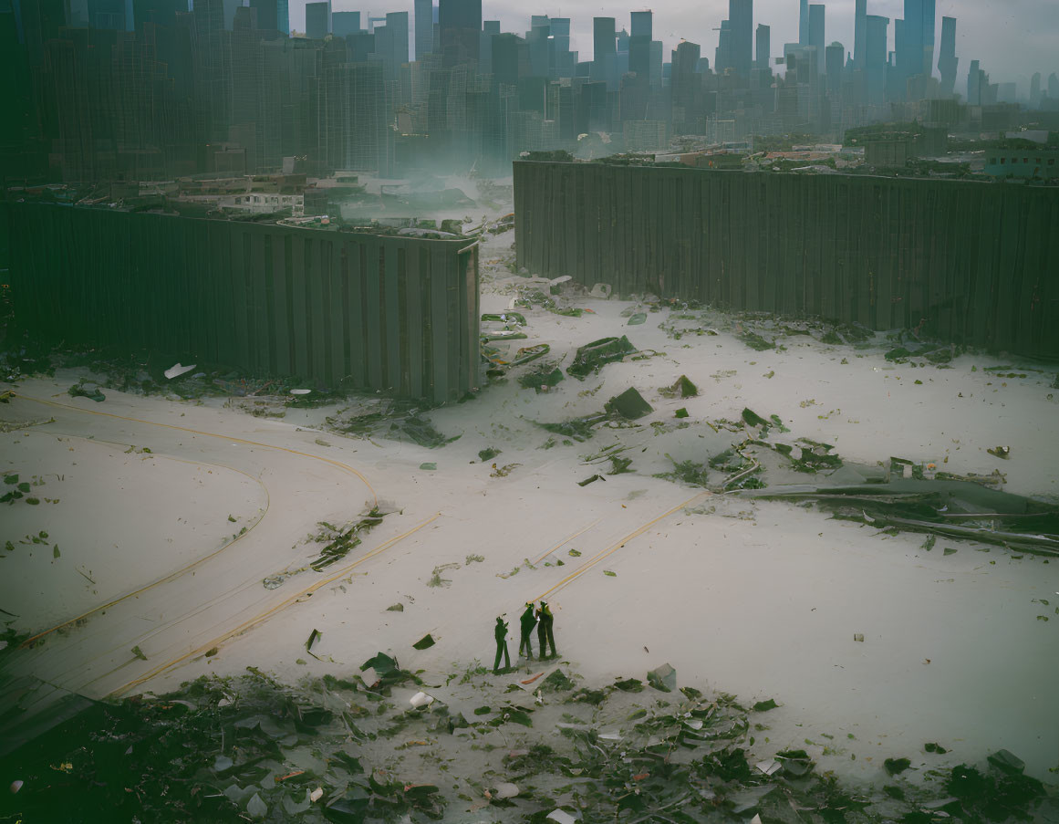 Desolate urban landscape with figures amidst rubble and foggy skyscrapers
