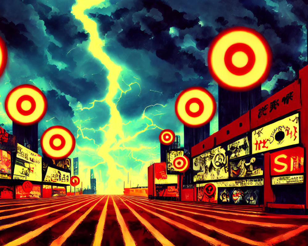 Colorful animated street scene with neon signs, lightning sky, and floating targets.