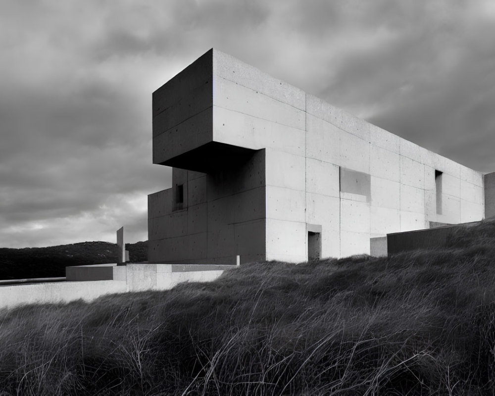 Monochromatic image of modern concrete building with geometric shapes in wild grasses under cloudy sky