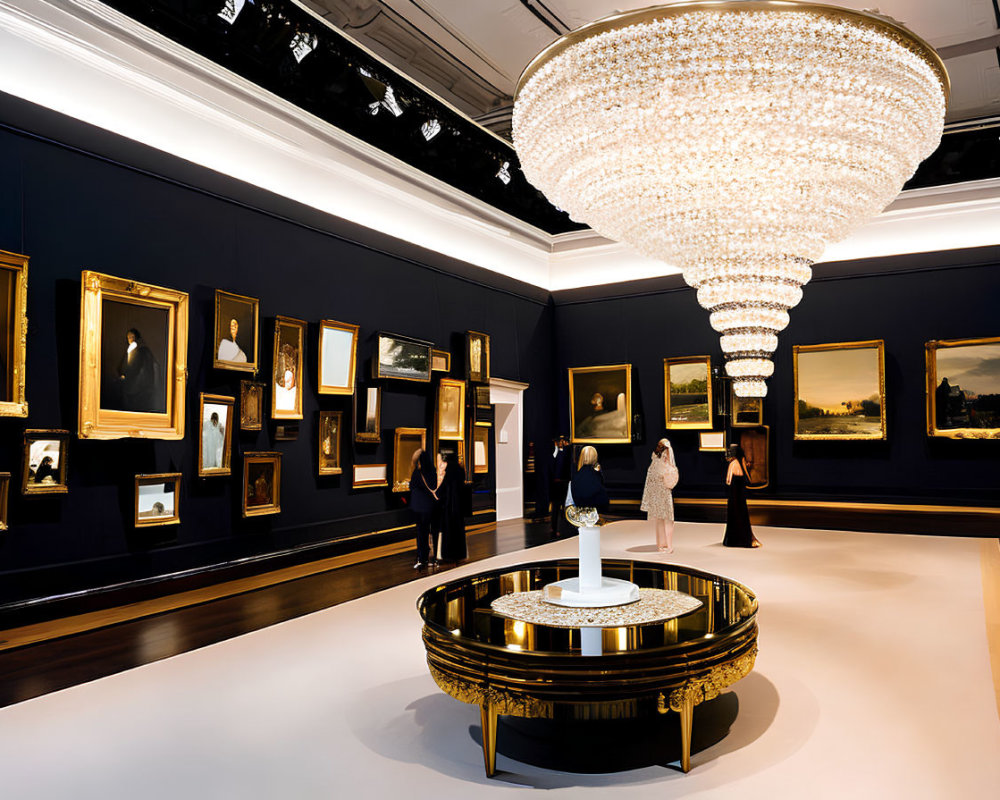 Luxurious art gallery interior with chandelier, paintings, and observers
